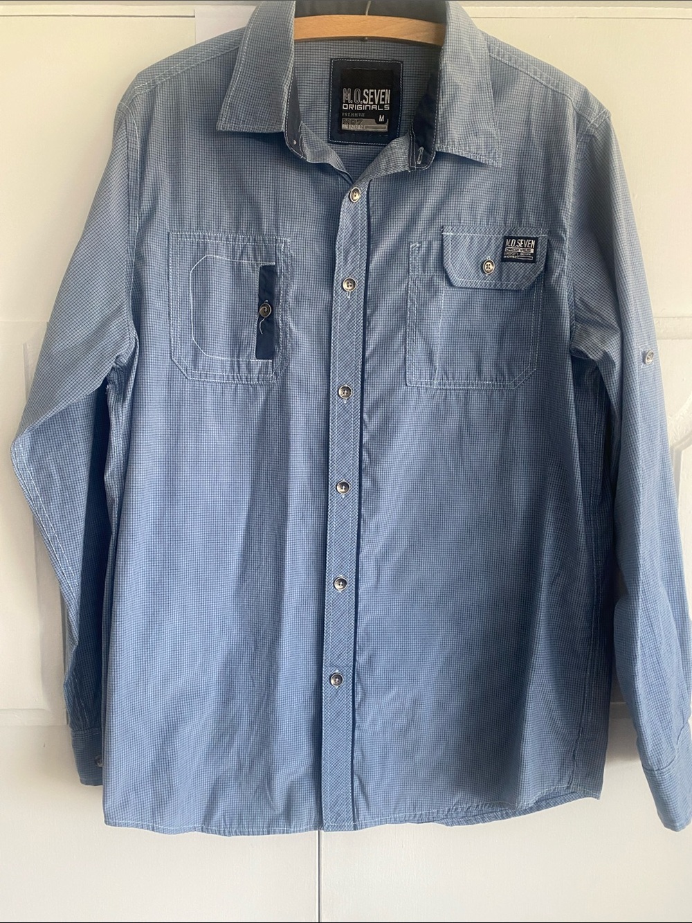 Seven7 Blue Men's Long Sleeve Button-Down Shirt with Dual Chest Pockets